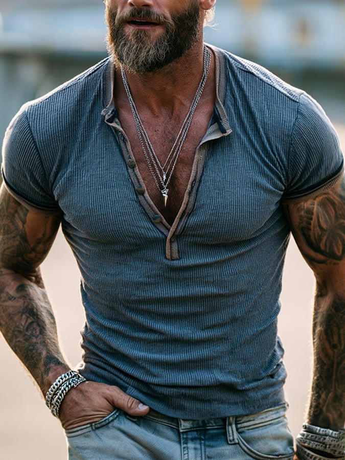 Men'S Fashion Short-Sleeve Henley T-Shirt With Ribbed Paneling And Color-Block Design