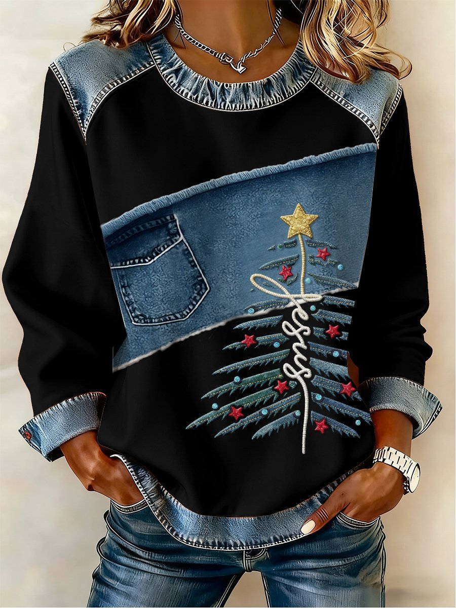 Women's Casual Retro Faith Christmas Tree Sweatshirt
