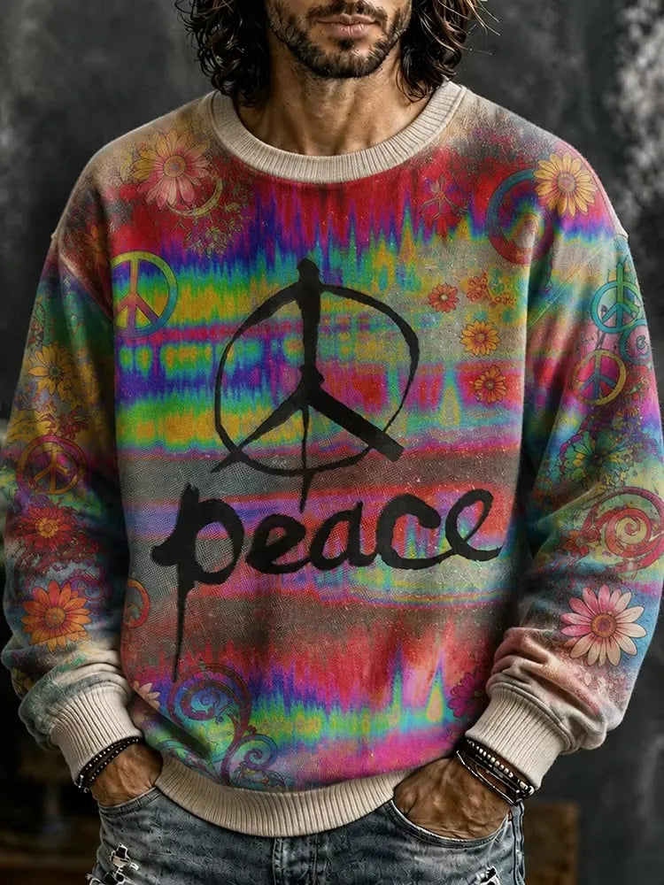 Men's Bold Black Peace Symbol Graphic Crew Neck Sweatshirt
