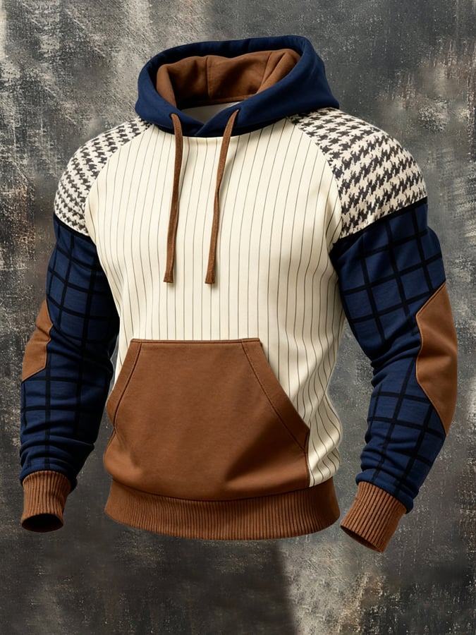 Men'S Retro Color-Block Print Hoodie With Contrasting Details