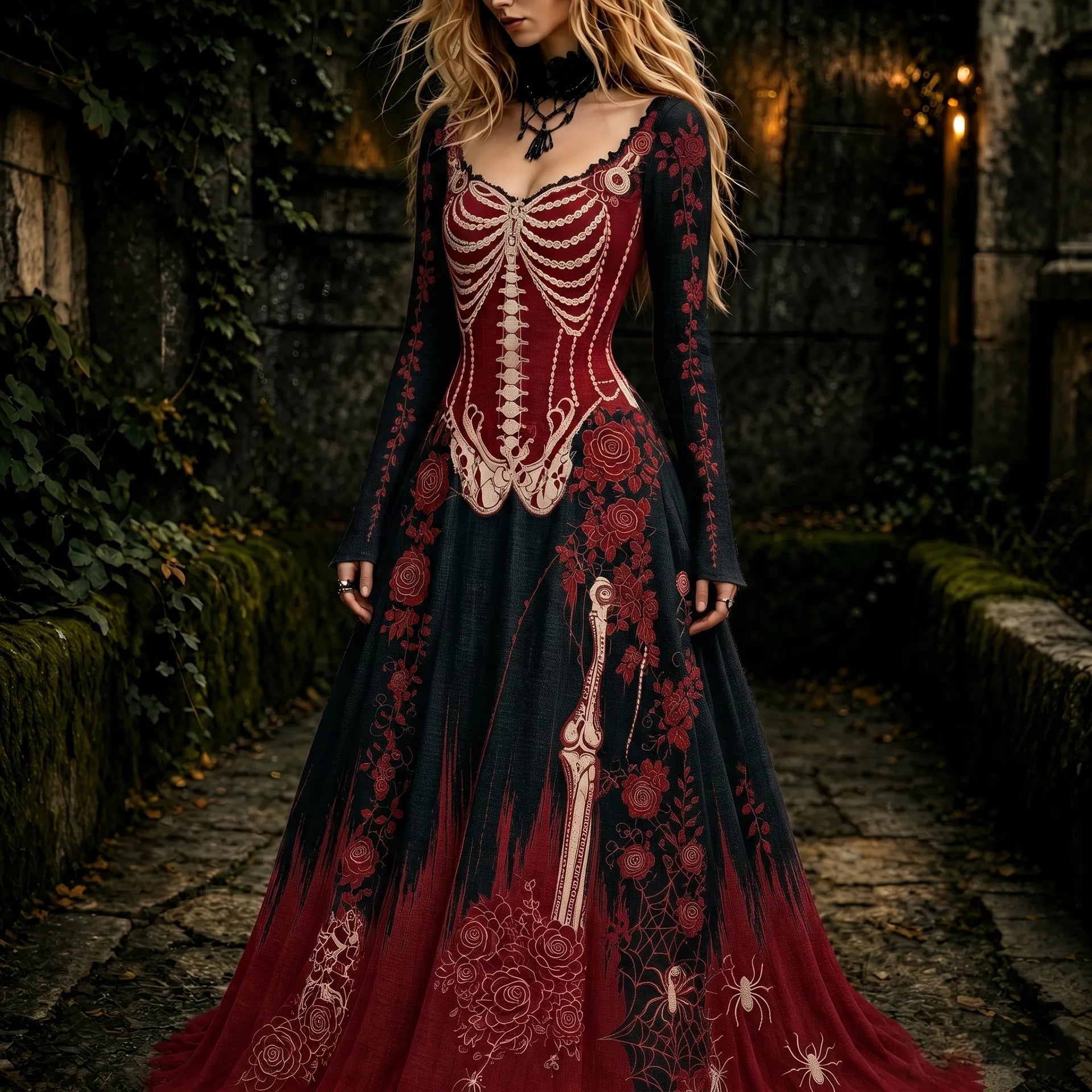 Women's Retro Gothic Skeleton And Rose Pattern Maxi Halloween Dress