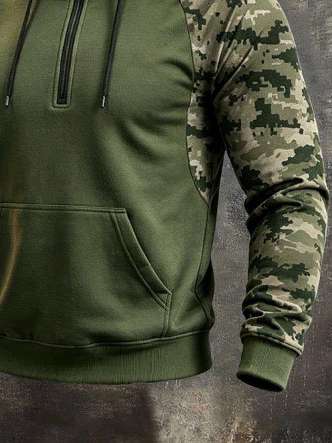 Men's Retro Color-Block Camo Print Quarter-Zip Hoodie