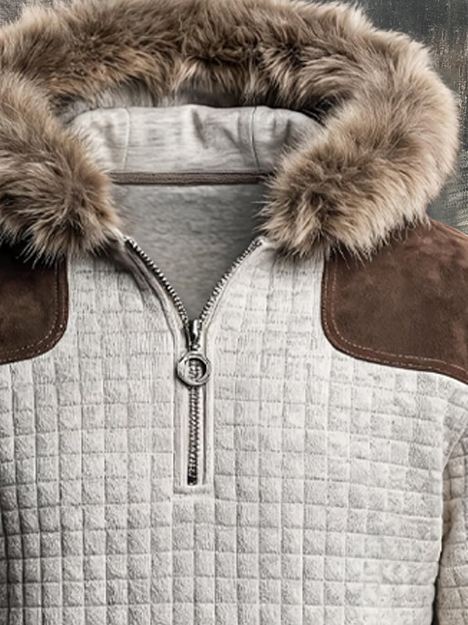 Men's Retro Textured Checkered Plush Hoodie