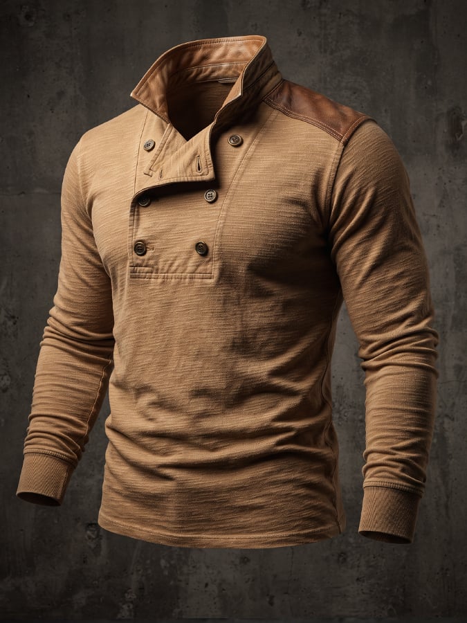 Men’s Vintage Double‐Button Leather‐Patch Henley Top