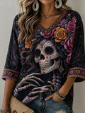 Women's Day Of The Dead Decorated Skull Bone‐Hand Rose Bloom Print Mid-length Sleeves V-Neck T-Shirt