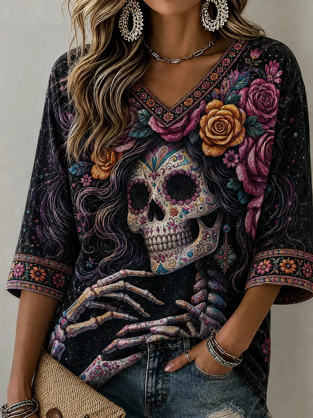 Women's Day Of The Dead Decorated Skull Bone‐Hand Rose Bloom Print Mid-length Sleeves V-Neck T-Shirt