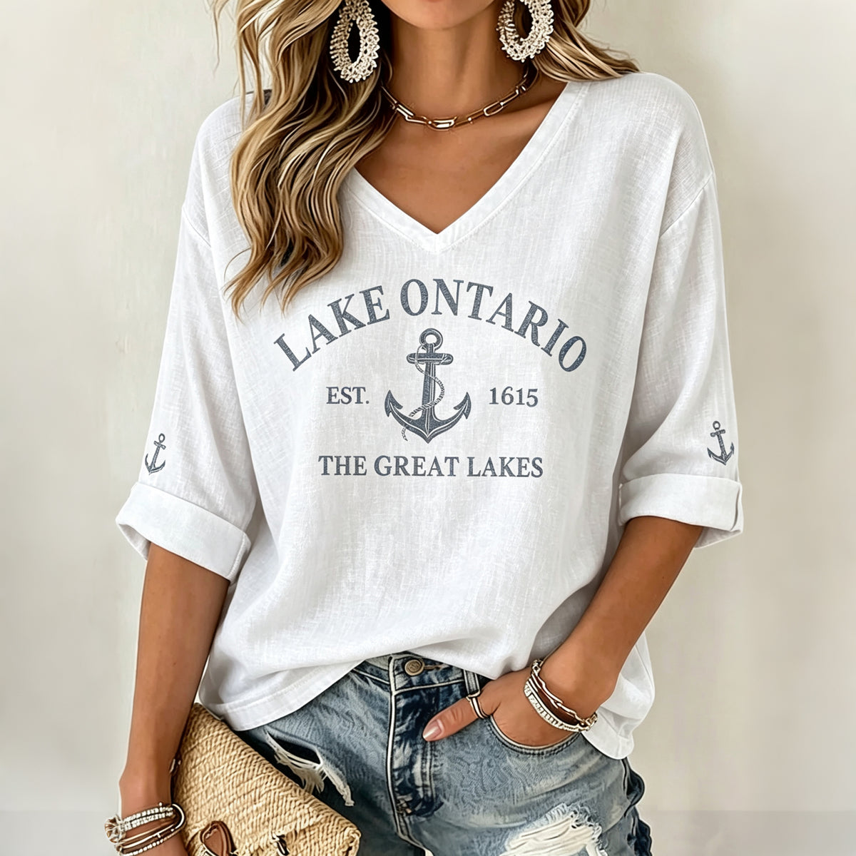 Lake Ontario 1615 Printed Women's Mid-sleeve V-neck T-shirt