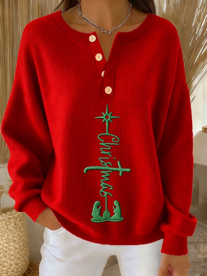 Women's Christmas Print Knit Button-Up Top