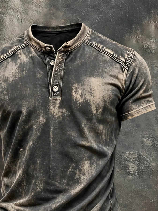 Men's Retro Pure Cotton Washed Color Block Casual Henley Collar Short-Sleeve Top