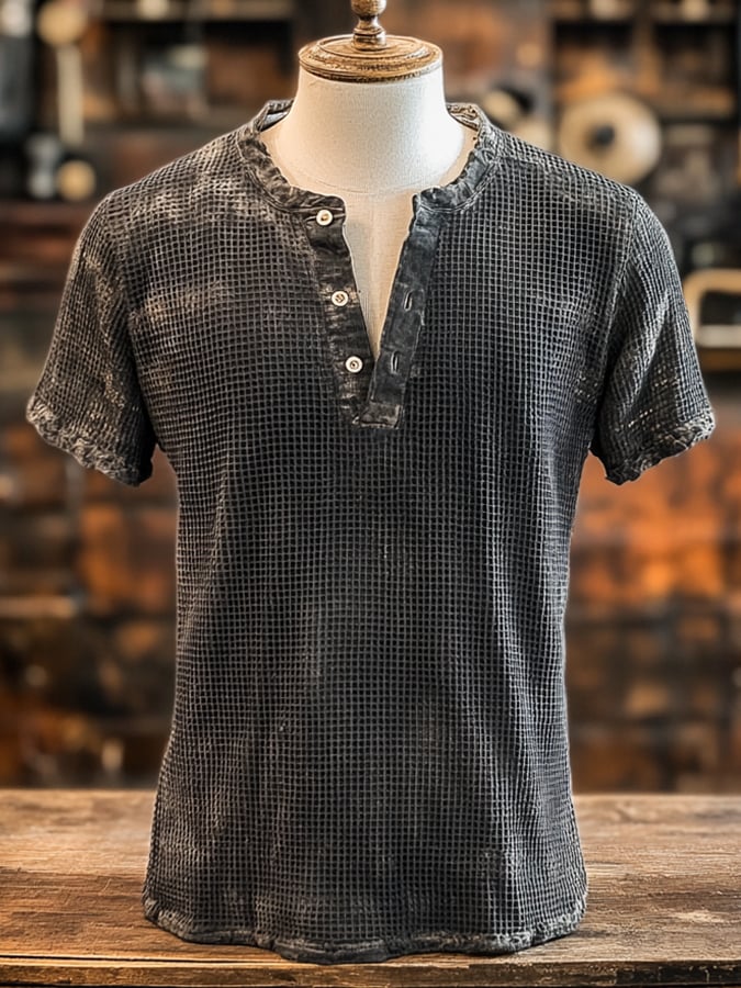 Men's Vintage Washed Waffle Casual Henley Short Sleeve T-Shirt