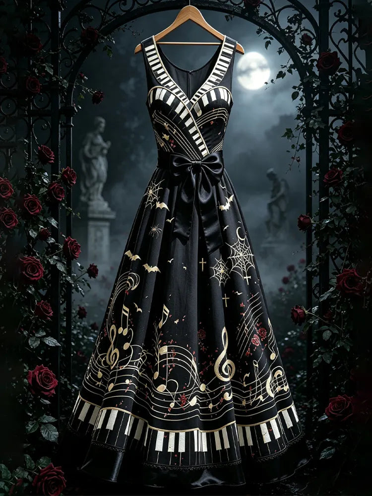 Women's Halloween Gothic Style Piano Key Note Long Dress With Bow