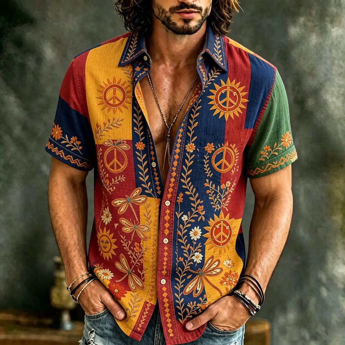 Men's Peace Sign Dragonfly Daisy Vine Colorblock Print Short Sleeve Buttons Shirt