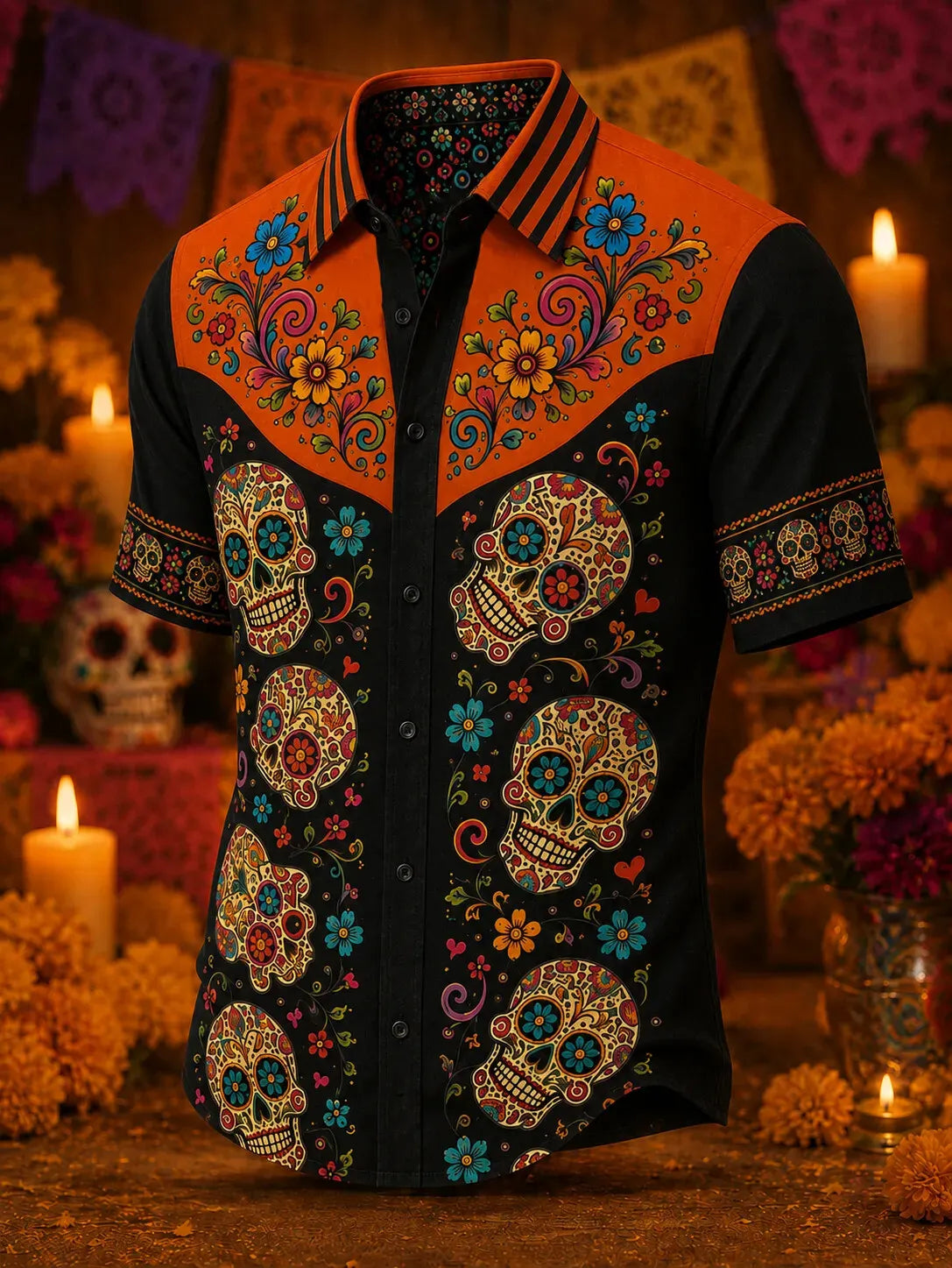 Men's Day Of The Dead Print Short Sleeve Buttons Shirt