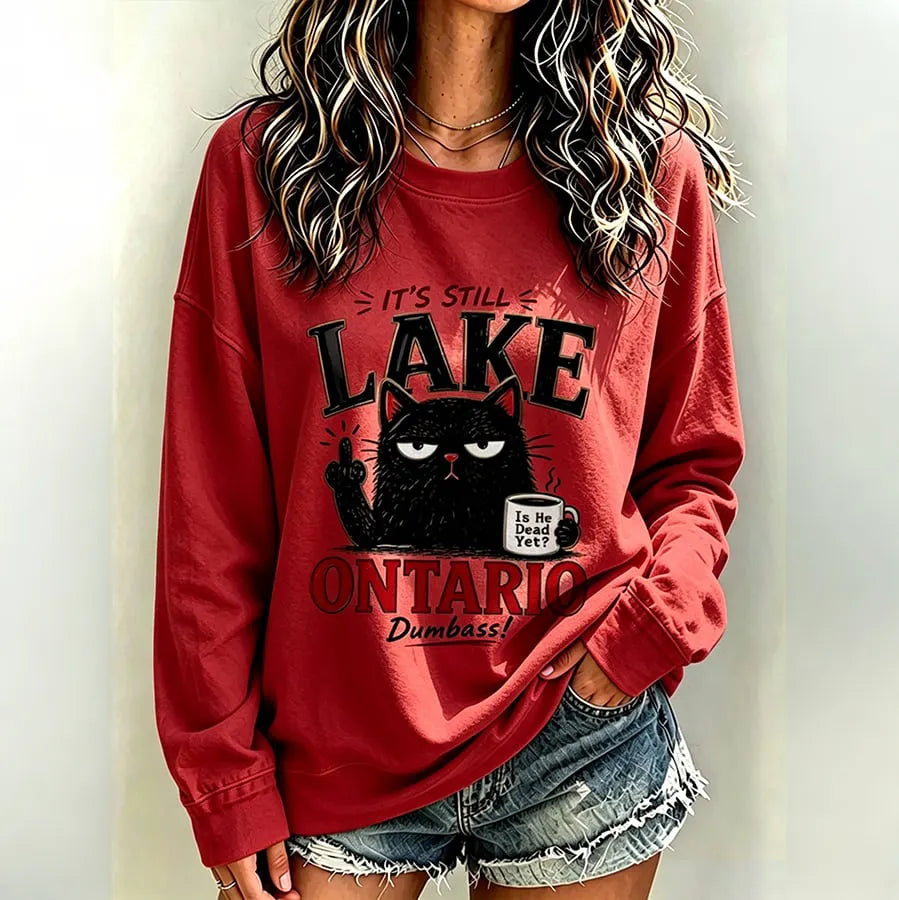 Women's Retro Lake Ontario Cat Art Print Crew Neck Sweatshirt