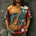 Men's 1969 Guitar Peace Dove Patchwork Print Crew Neck Short Sleeve T-Shirt