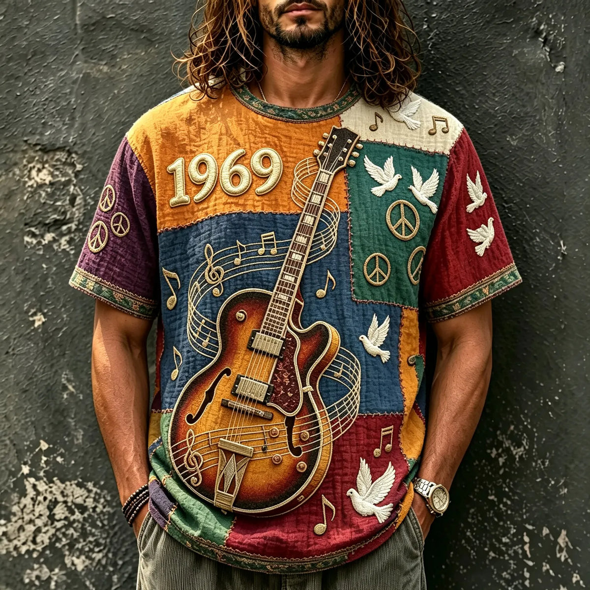 Men's 1969 Guitar Peace Dove Patchwork Print Crew Neck Short Sleeve T-Shirt
