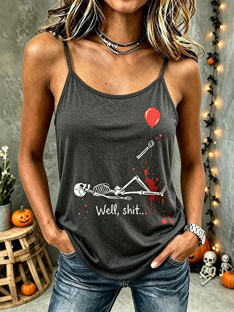 Women's Vintage Halloween Funny Skeleton Red Balloon Print Comfy Print Sleeveless Camisole Top