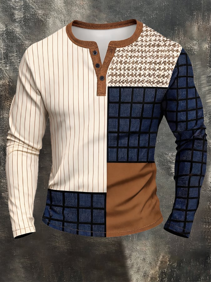 Men's Vintage Color-Block Long-Sleeve Henley T-Shirt