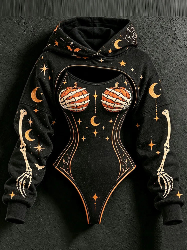 Women's Retro Halloween Pumpkin & Skeleton Hand Print Casual Two-piece Set
