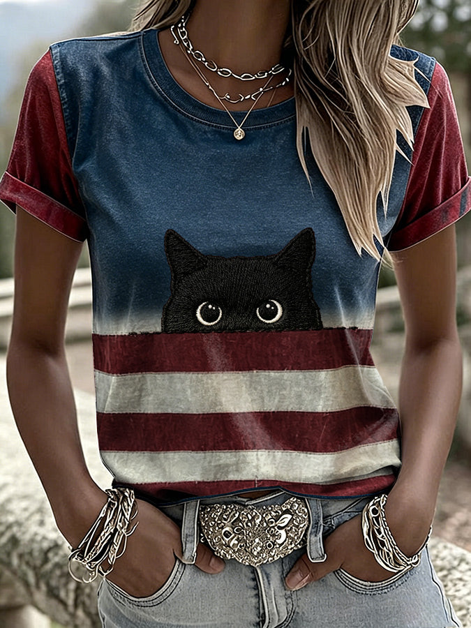 Women'S Casual Patriotic Cat Printed Short Sleeved T-Shirt