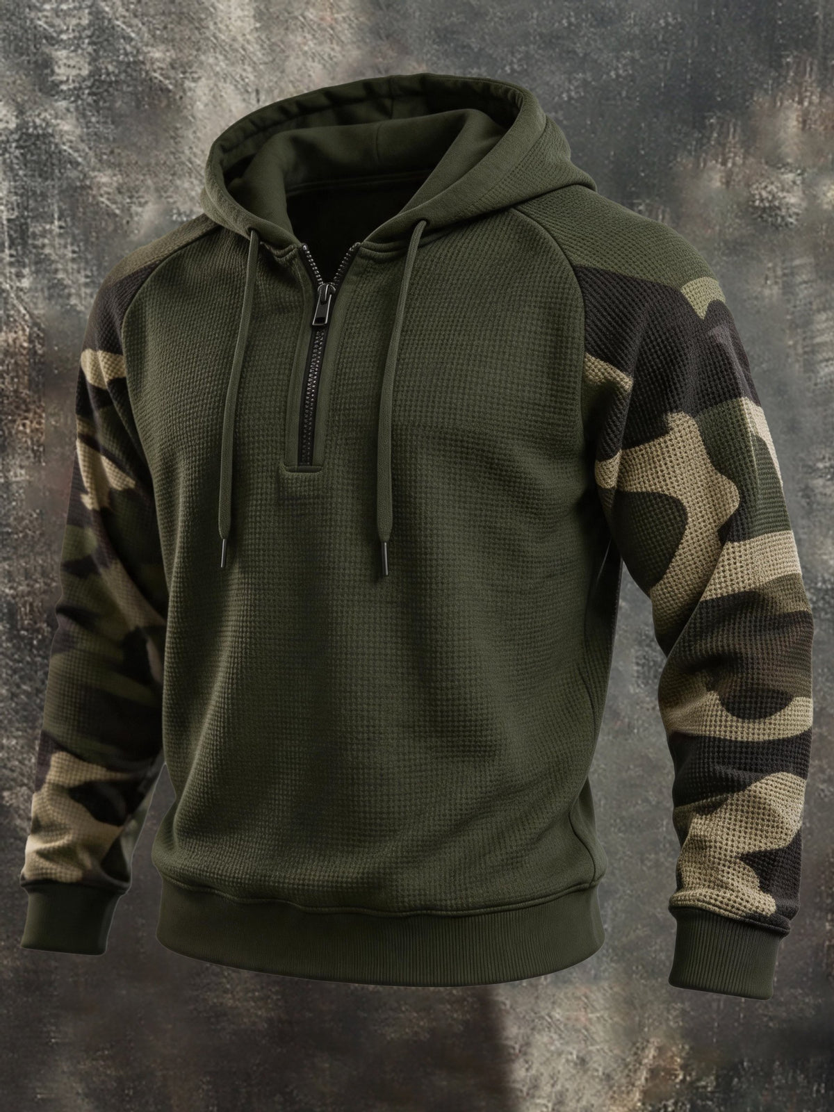 Men's Vintage Waffle-Knit Camo Half-Zip Hoodie