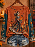 Women's Day Of The Dead Skeleton Lady Holding Flower Basket Butterfly Candle Shrine Print Crew Neck Long Sleeve Top