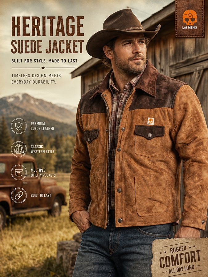 Men’s Vintage Suede-Look & Leather-Panelled Insulated Multi-Pocket Western-Style Outdoor Jacket