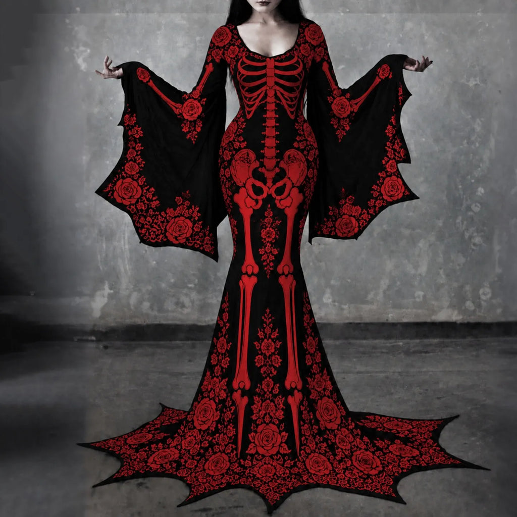 Women's Gothic Skeleton With Red Roses Batwing Flare Sleeve Round Neck Bodycon Maxi Dress – Halloween Costume