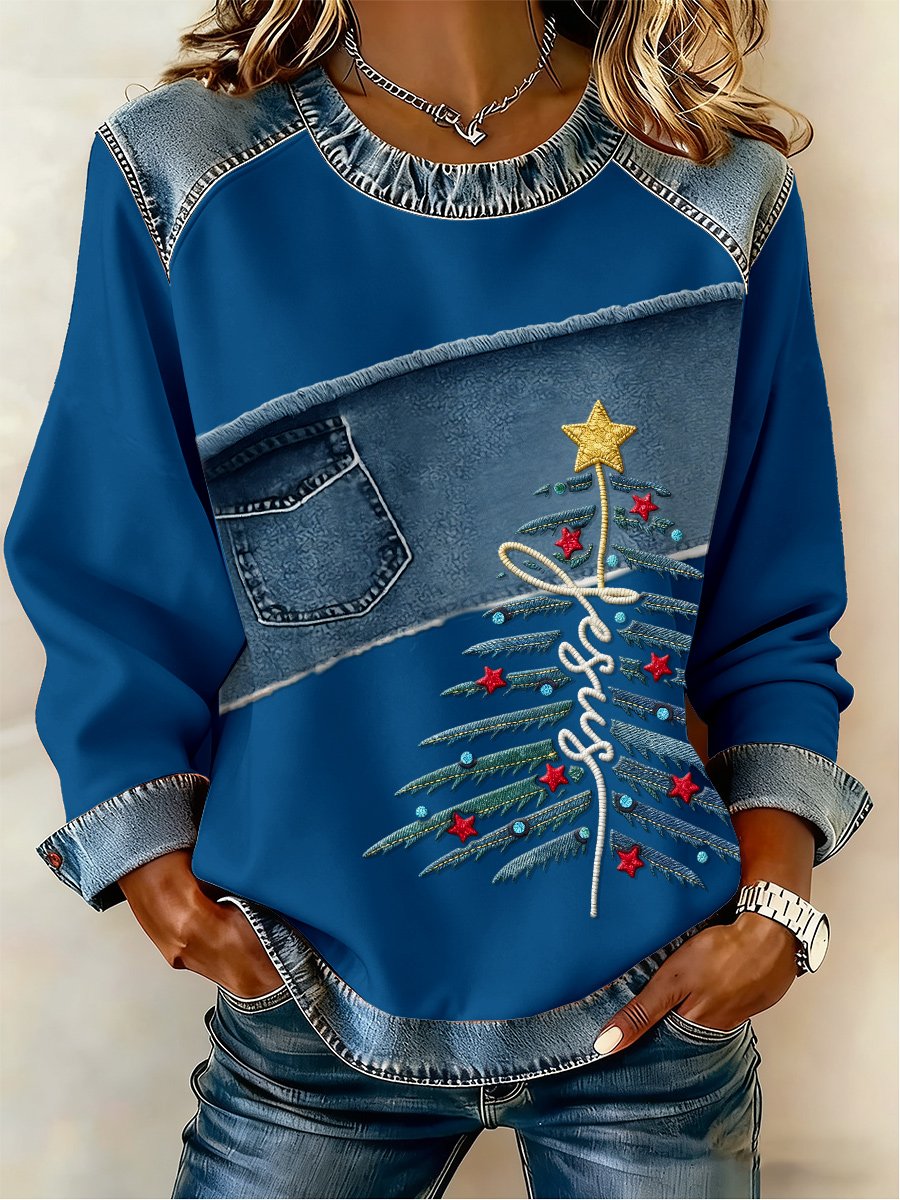 Women's Casual Retro Faith Christmas Tree Sweatshirt