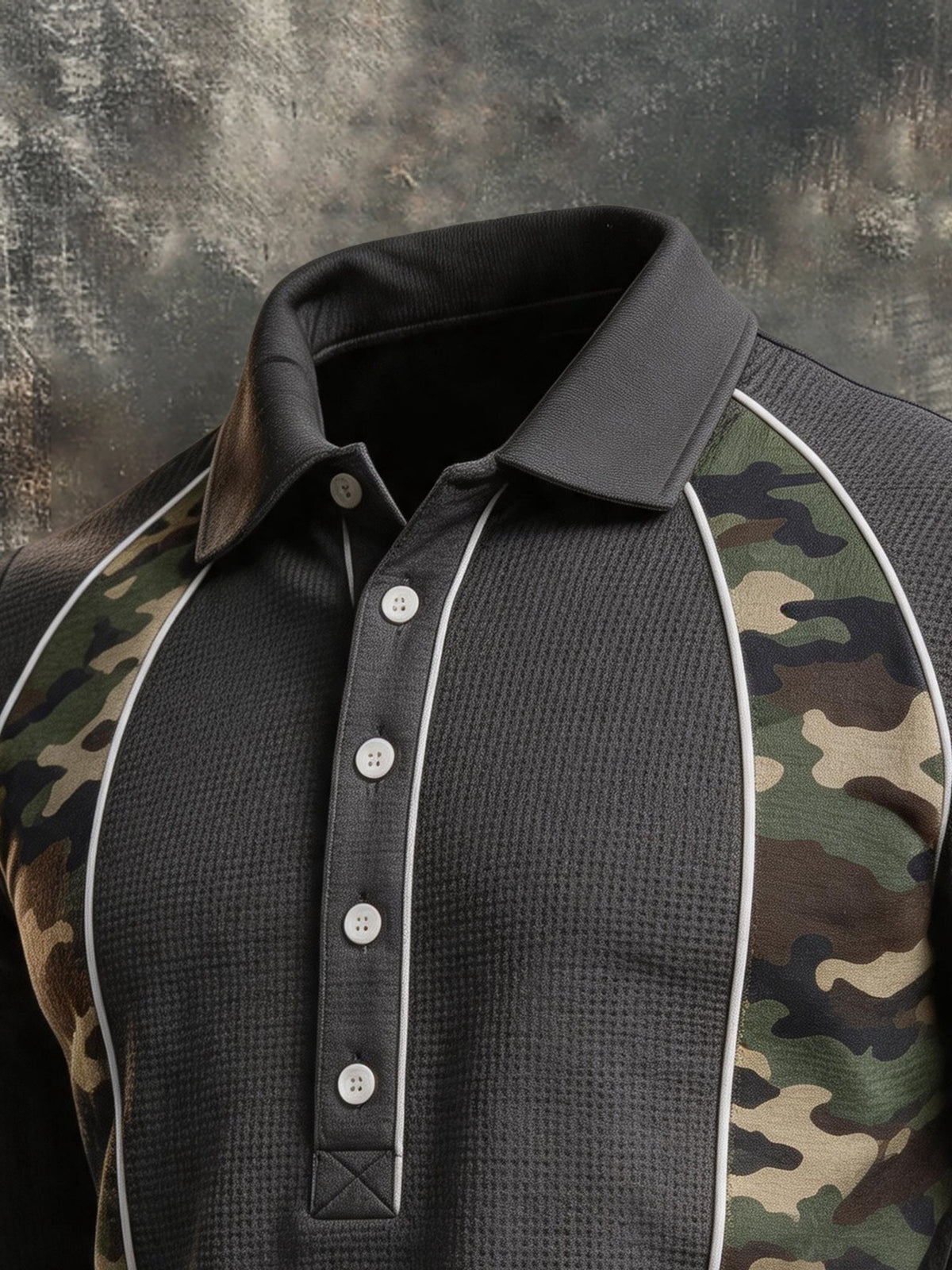 Men's Vintage Waffle-Knit Camouflage Henley Sweatshirt