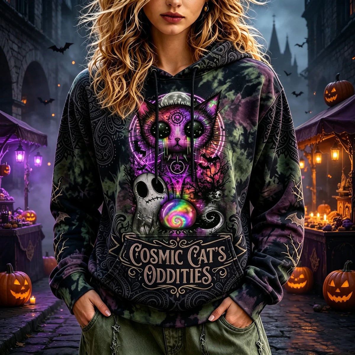 Women's Vintage Cosmic Cat Oddities Halloween Witchy Tie Dye Hoodie