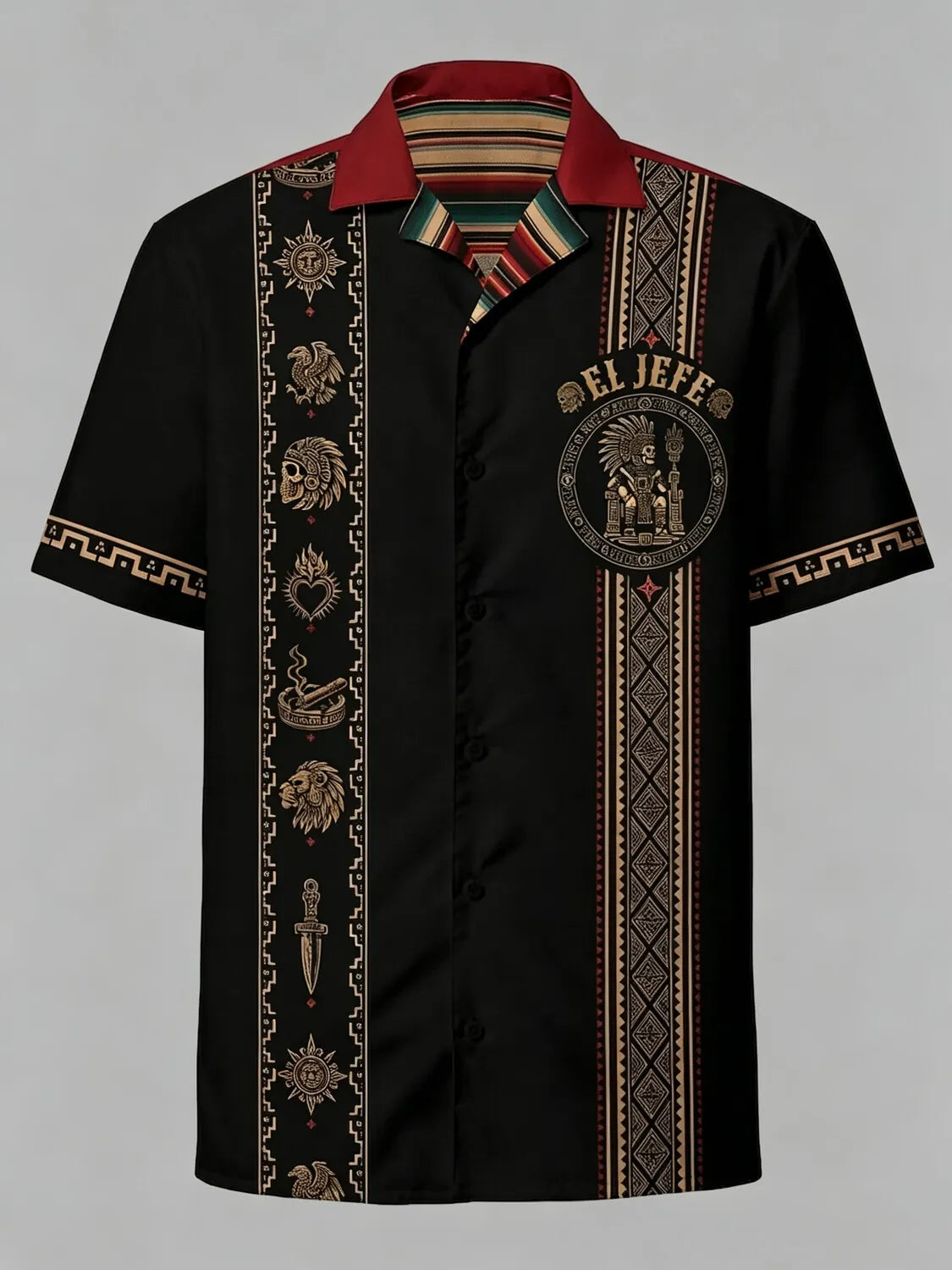Men's Day Of The Dead Aztec Skull Eagle Totem Print Cuban Collar Short Sleeve Shirt
