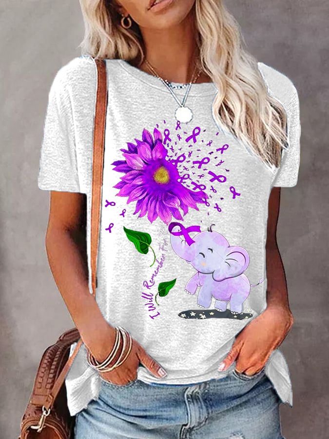 Women's I Will Remember For You Purple Ribbon Elephant Alzheimer's Awareness Supporter Fighter Tee