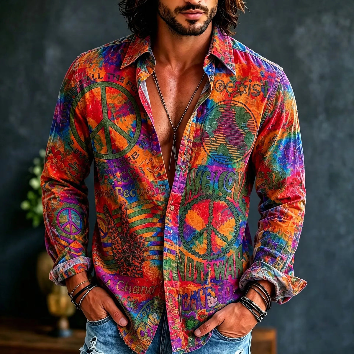 Men's Vibrant Tie‐dye Hippie Colorful Peace Symbol Print Long Sleeve Shirt