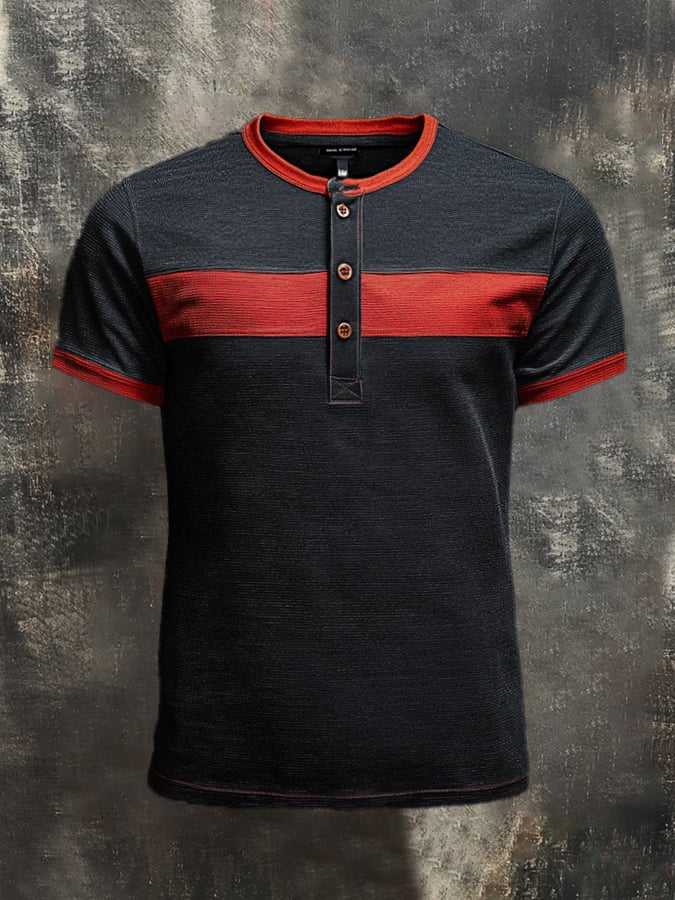 Men's casual retro wash colorblock Henley T-shirt