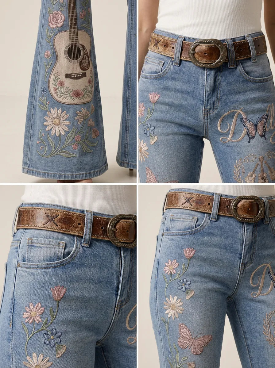 Women's Dolly Parton Guitar Butterfly Floral Printed Flare Jeans