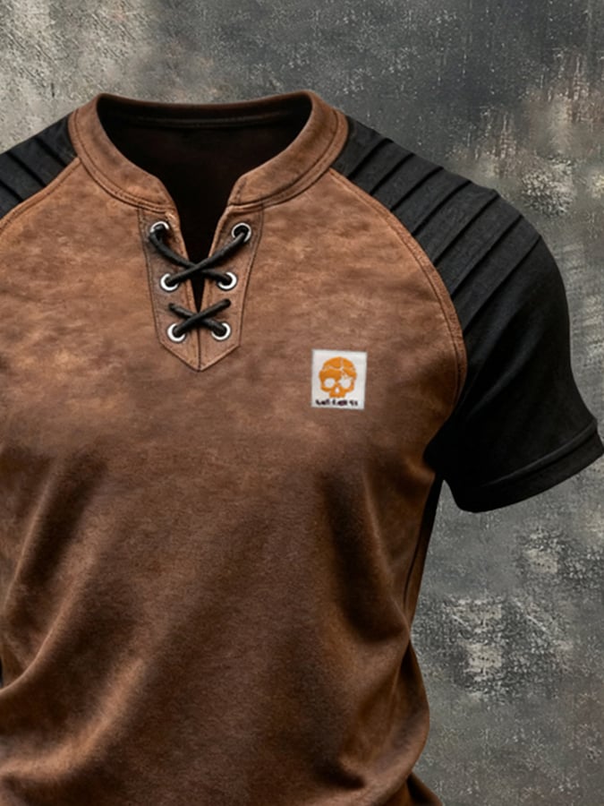 Men's Retro Color-Block Lace-Up Short-Sleeve T-Shirt