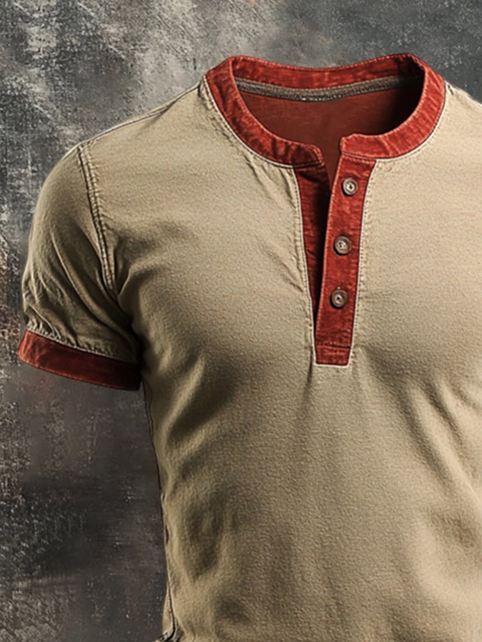 Men's Retro Colorblock Henley Short Sleeve T-Shirt