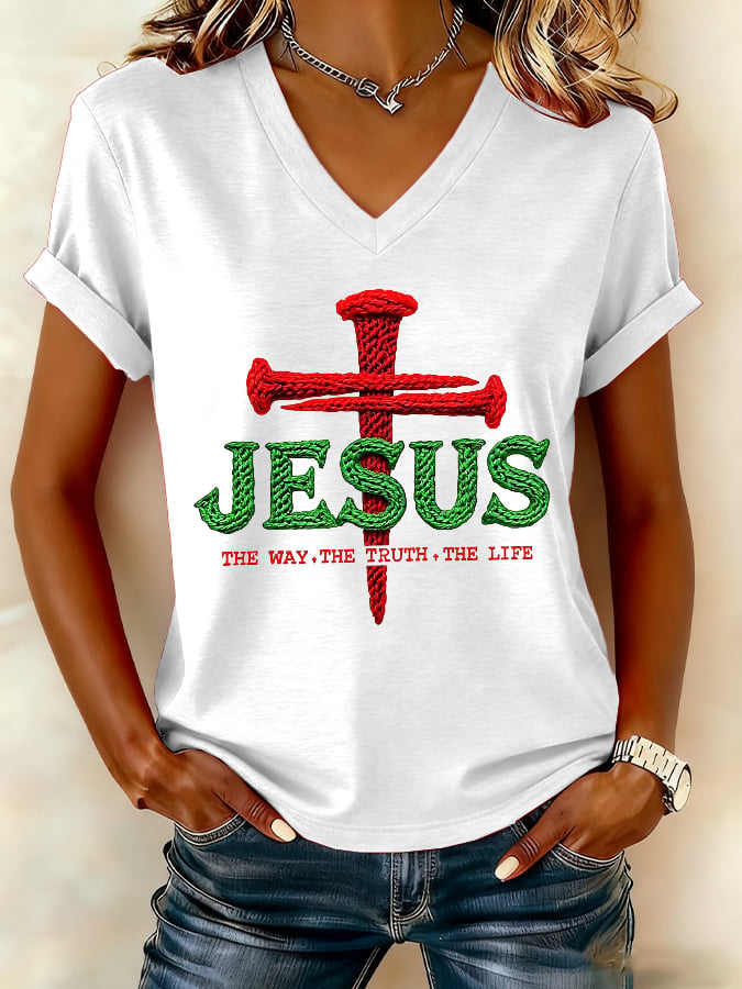Women's Christmas Cross Print V-Neck T-Shirt