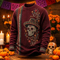 Men's Colorful Vertical Stripes And Calavera Print Crew Neck Long Sleeve Waffle Sweatshirt