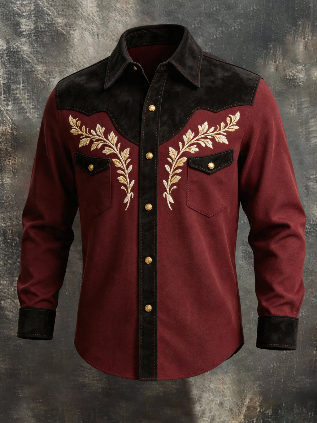 Men's Vintage Western Shirt with Suede Paneling and Embroidery