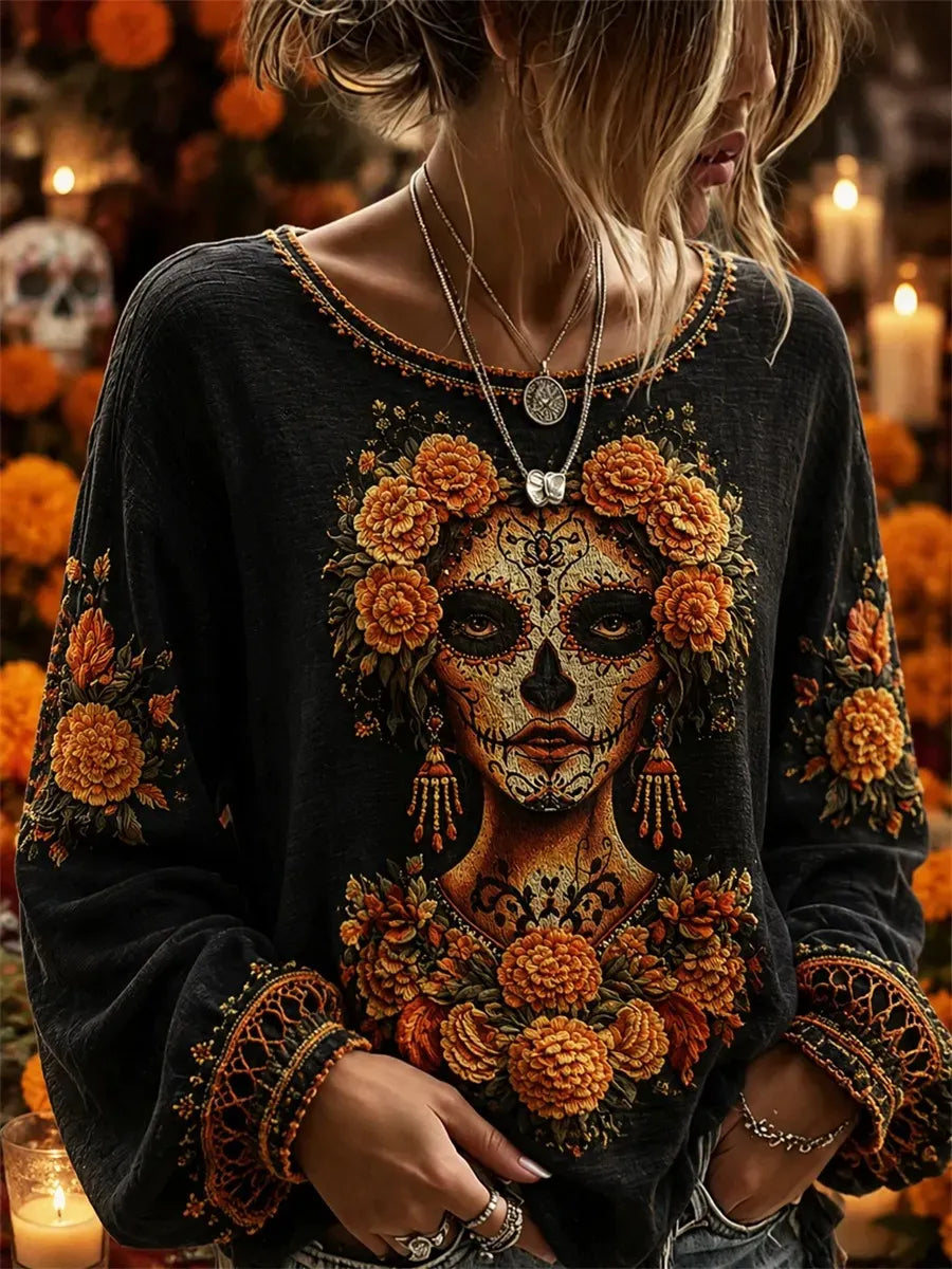 Women's Day Of The Dead Catrina Portrait Marigold Wreath Floral Print Lantern Sleeve Top