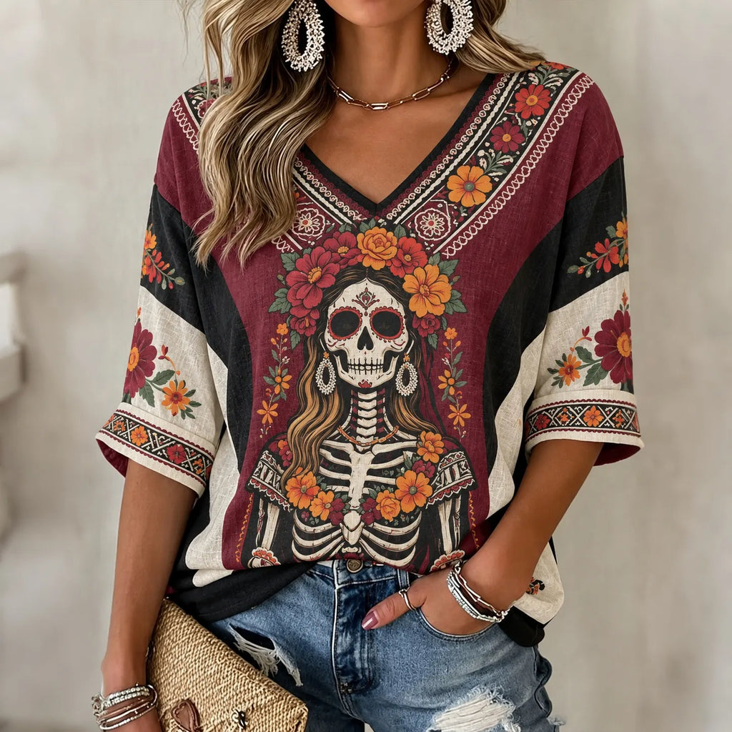 Vintage Mexico's Day Of The Dead Sugar Skull Floral Art Print Long Sleeve T-shirt
