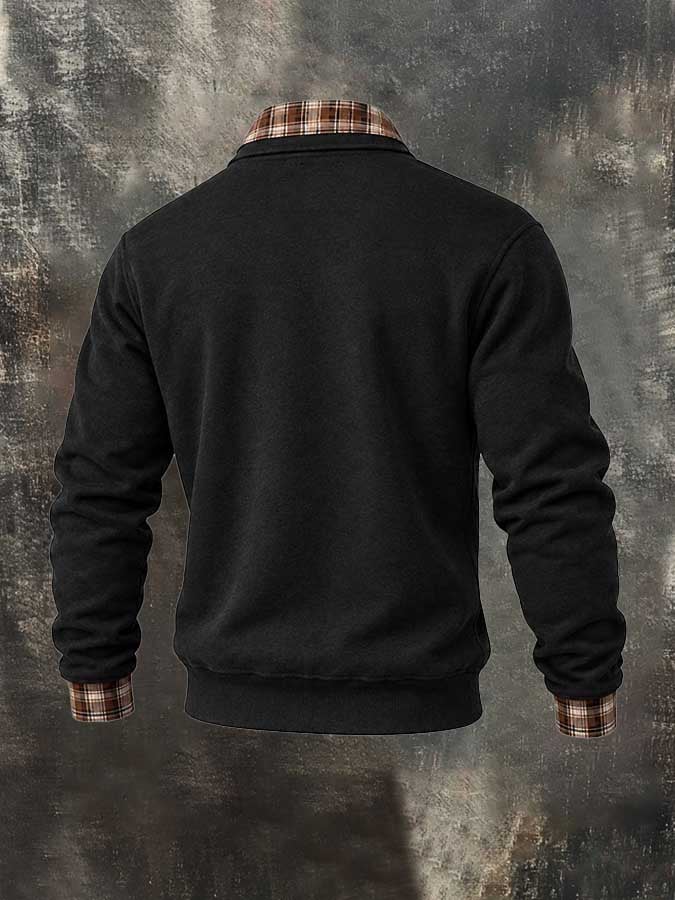 Men’s Vintage-Style Plaid-Patchwork Faux-Layered Sweatshirt