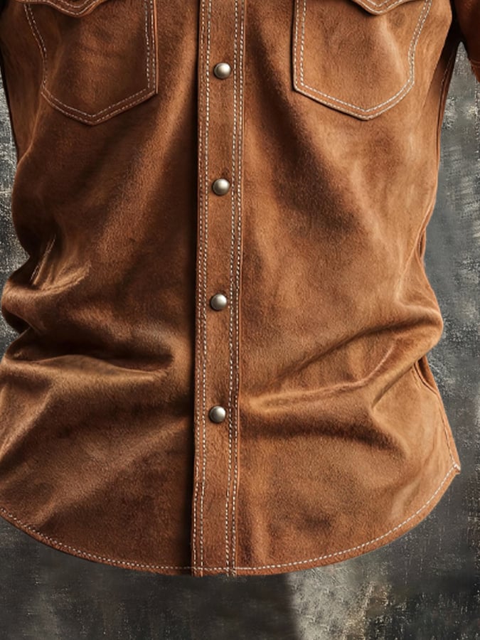 Men's Vintage-Style Western Faux Suede Fringe Shirt