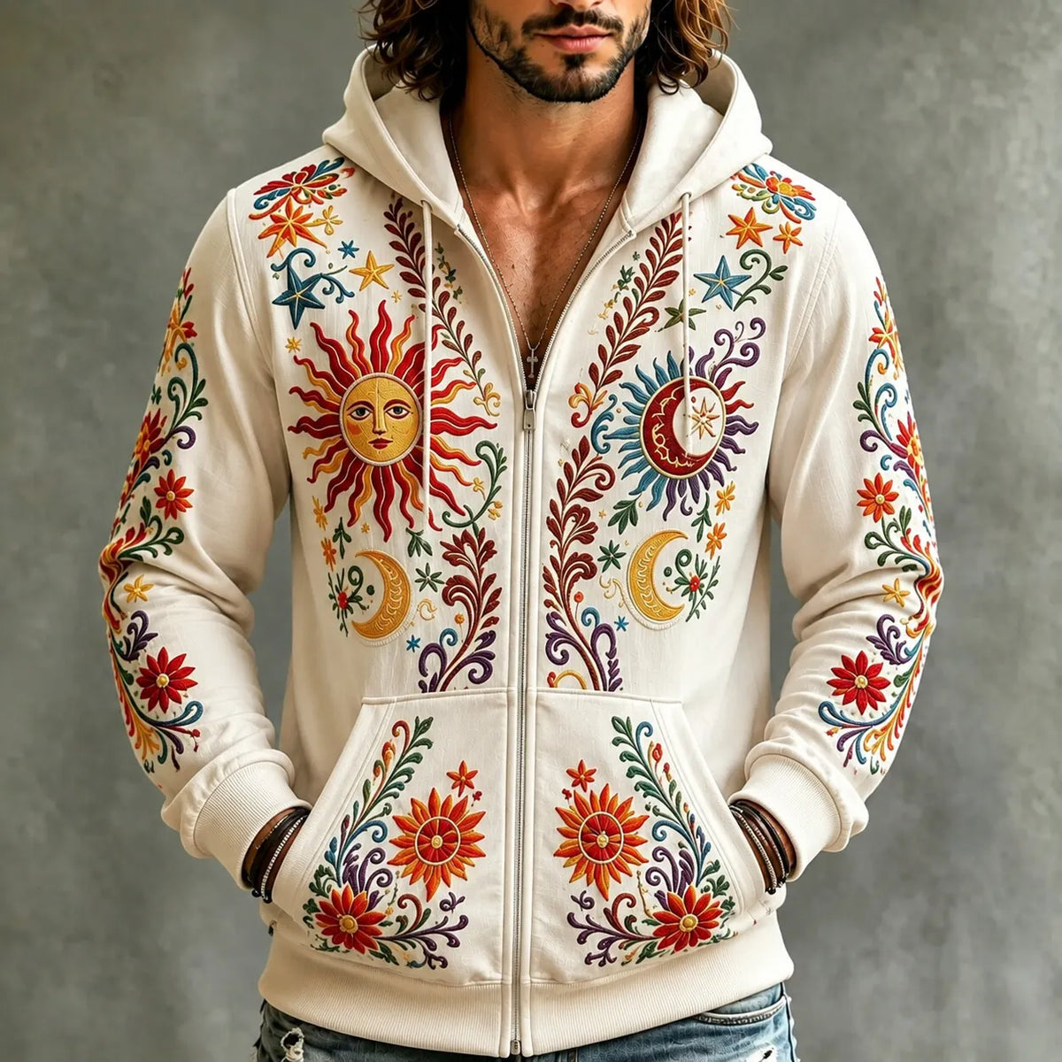 Men's Boho Vintage Style Sun God and Floral Vine Print Zip-Up Hoodie