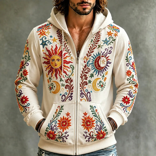 Men's Boho Vintage Style Sun God and Floral Vine Print Zip-Up Hoodie
