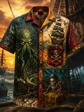 Men's Dark Art Cthulhu Skull Pirate Ship Print Short Sleeve Shirt