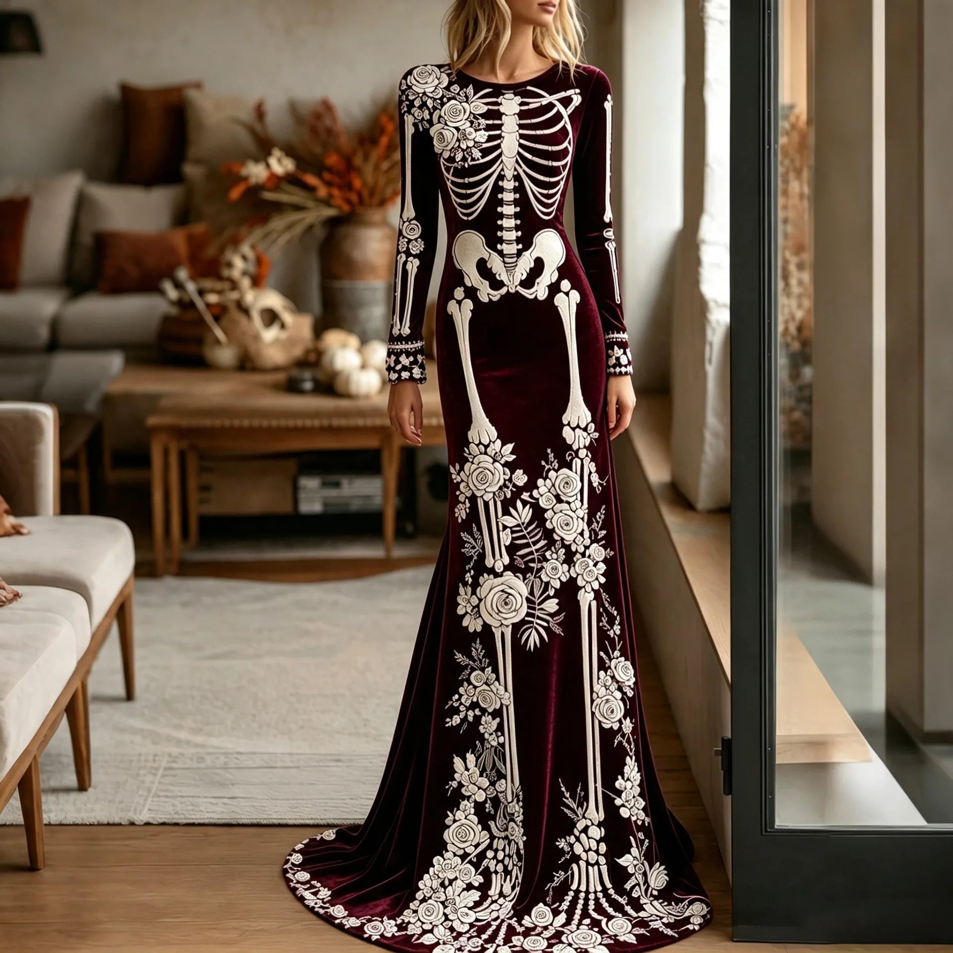 Women's Halloween Dark Gothic Rose Skeleton Velvet Round Neck Maxi Dress
