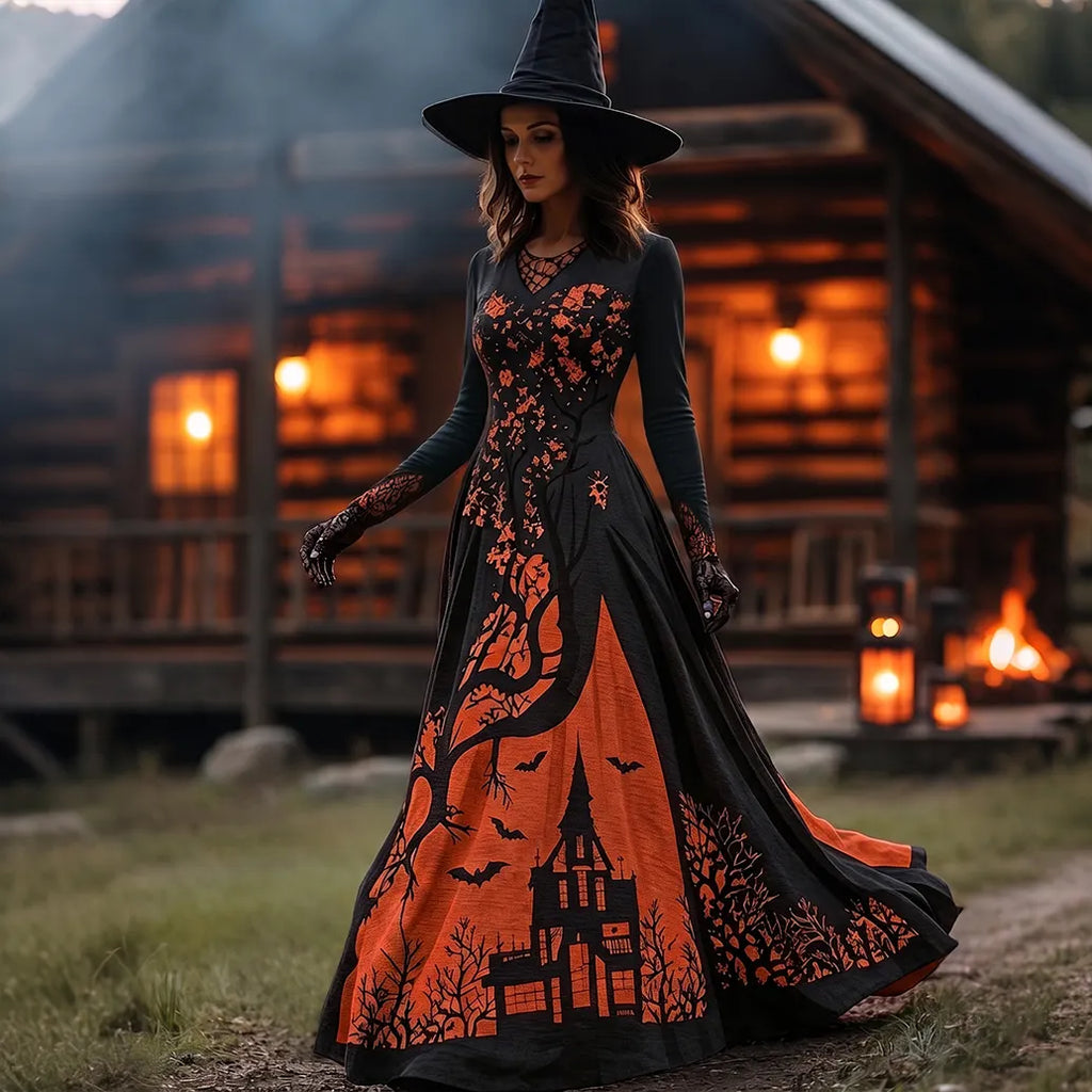 Women's Halloween Gradient Treehouse Design  V-neck Maxi Dress